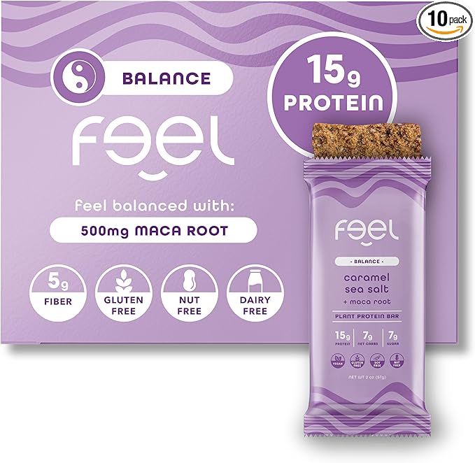 Feel Vegan Protein Bars, Vitality, Maca Root, Dairy, Nut, Grain, Soy Free, 15g Plant Protein, Adaptogenic Snack, Organic, Low Sugar, Low Carb, Gluten Free, Caramel Sea Salt, 10 Pack