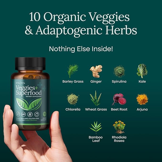 100% Organic Fruits and Veggies Supplement (USDA Organic - Made in USA) 180 Potent Fruits and Vegetable Capsules for Energy Boost & Daily Fruit and Vegetable Vitamins - Vegan, Non-GMO, Gluten-Free