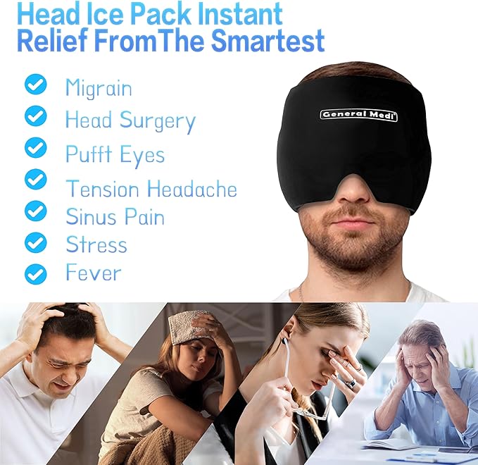 General Medi Headache & Migraine Ice Wrap Cap, Cold Therapy Migraine Relief Hat, Headache Ice Hat Cold Compress, Great for Puffy Eyes, Tension, Sinus & Stress Relief (Black)