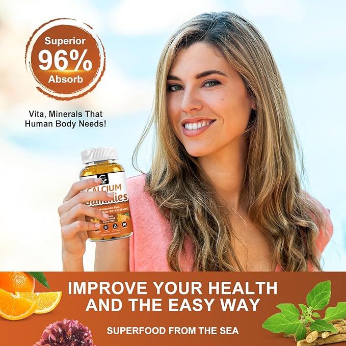 1200mg Calcium Gummies with Vitamin D3,K2,B12 & B6 - Plant Complex Calcium Magnesium Supplement with Glycinate,Potassium,Sea Moss,Ashwagandha Root for Bone & Teeth Strength, Muscle & Immune-2 Pack