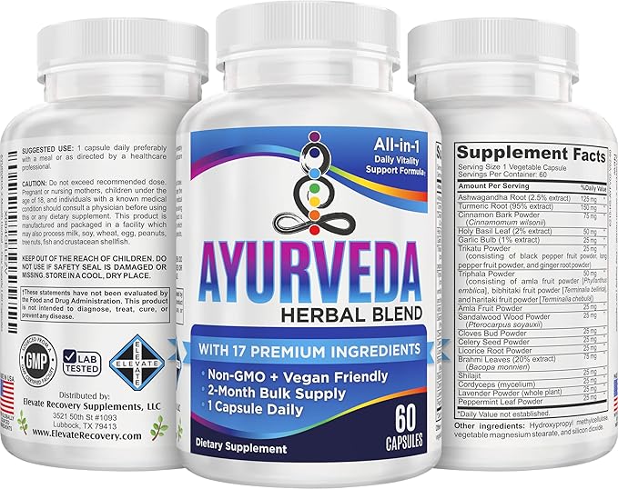 2-Month AYURVEDA Supplements (17-in-1 Blend) Premium Ayurvedic Herbs | Health & Wellness Booster Support Supplement | Strong Mind, Body & Spirit | Ayurveda Products | 60-Day Bulk Supply | 60 Capsules