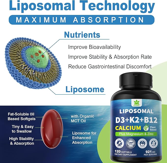 6-in-1 Liposomal Vitamin D3 K2 Calcium Supplement - Plant Based Calcium 600mg with Vegan Vitamin D3 5000 iu + Vitamin K K2 MK7 + B12, Algae Ca-lcium Magnesium Zinc for Bone, Softgels, 2 Pack