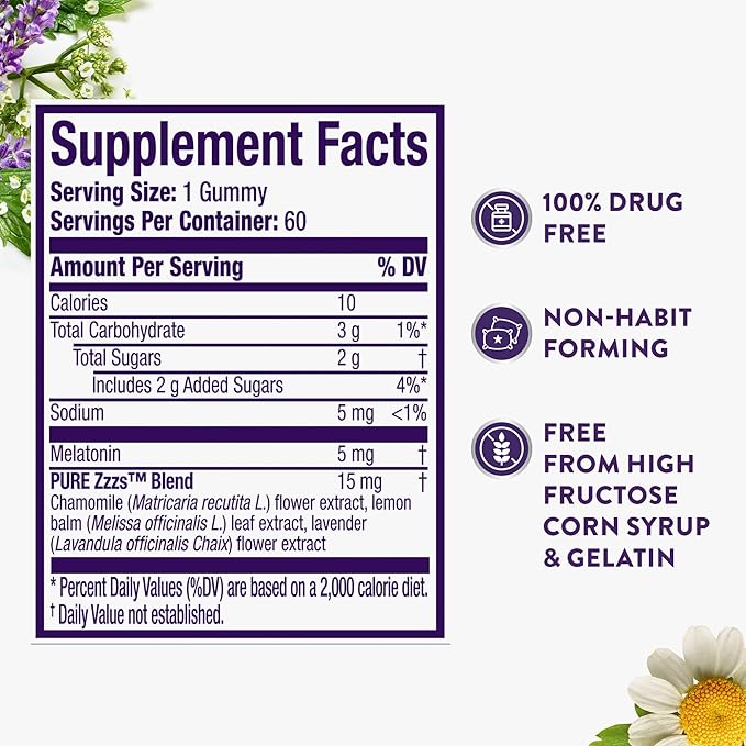 ZzzQuil Pure Zzzs Melatonin Gummies, Melatonin 5mg, Sleep Aid, with Chamomile & Lavender, Melatonin Sleep Gummies, Sleep Aids for Adults, Berry Flavored, 60 Sleep Gummies