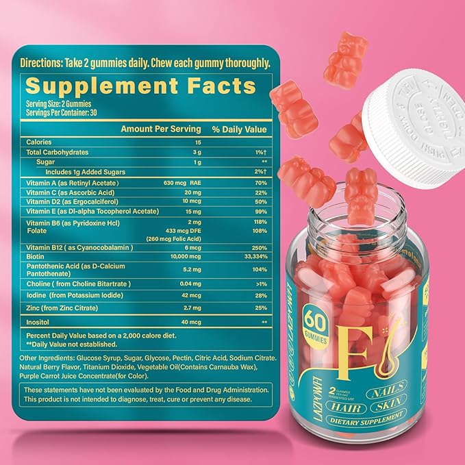 Biotin Gummies -Hair Skin and Nails Vitamins for Men & Women, Vegan Vitamin B7, Supports Hair Growth and Stronger Nails,30 Day Supply-Strawberry-60 Counts