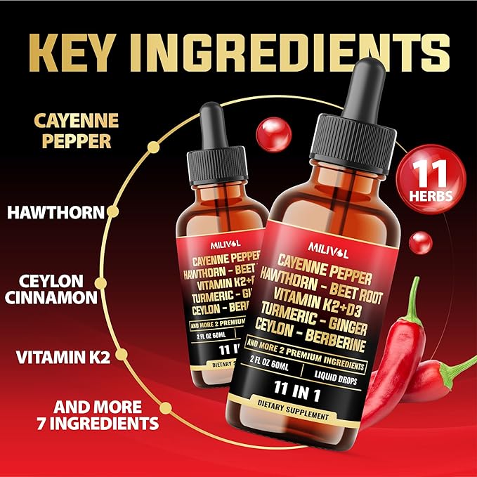 11in1 Cayenne Pepper Liquid Drops with Hawthorn Berry, Vitamin D3 K2, Beet Root, Garlic, Ginger, Ceylon Cinnamon, Turmeric, Berberine and Bitter Melon - 60 Days Supply - 2Fl Oz