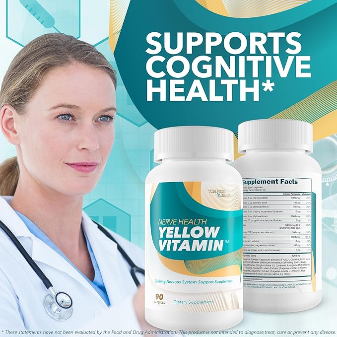 Yellow Vitamin for Nerves - Our Best Soothing Nerve Support Supplement - Vitamin B Complex for Nerve Repair - Comprehensive Nervous System Support Supplement - Lions Mane Nerve Repair Supplements