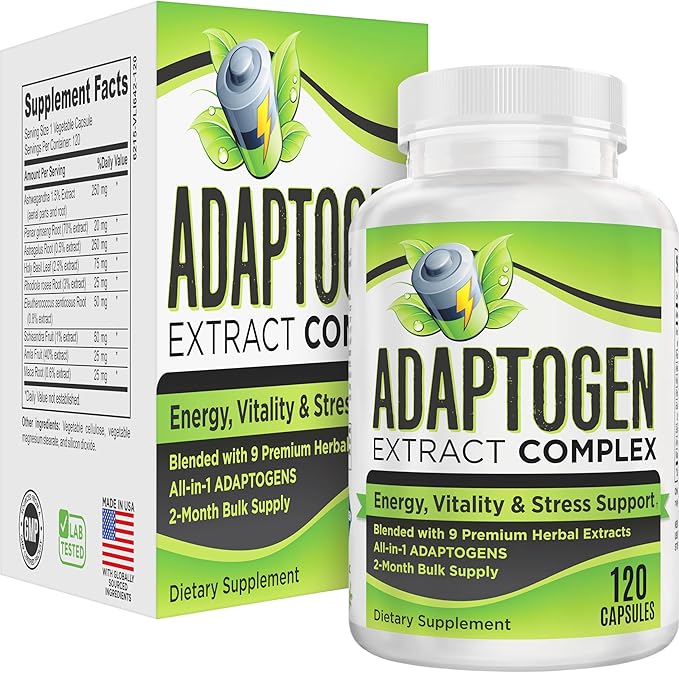 2-Month ADAPTOGEN Blend Supplement All-in-1 Formula with 9 Active Ingredients | Adaptogens | Herbal Extracts | Adaptogen Supplements | Adaptogenic Complex | 60-Day Bulk Supply | 120 Capsules