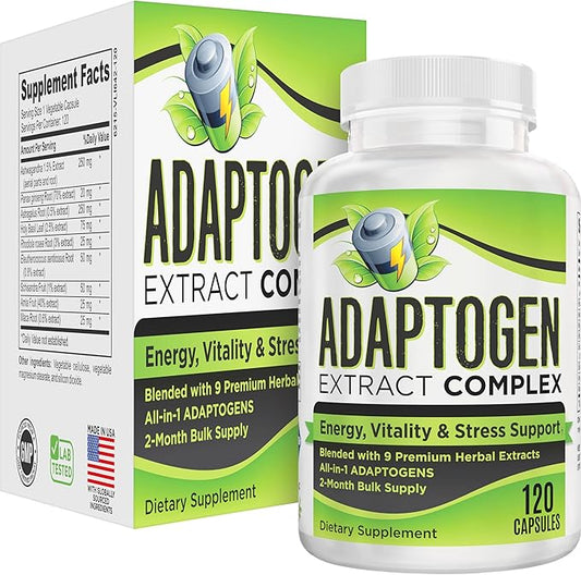 2-Month ADAPTOGEN Blend Supplement All-in-1 Formula with 9 Active Ingredients | Adaptogens | Herbal Extracts | Adaptogen Supplements | Adaptogenic Complex | 60-Day Bulk Supply | 120 Capsules