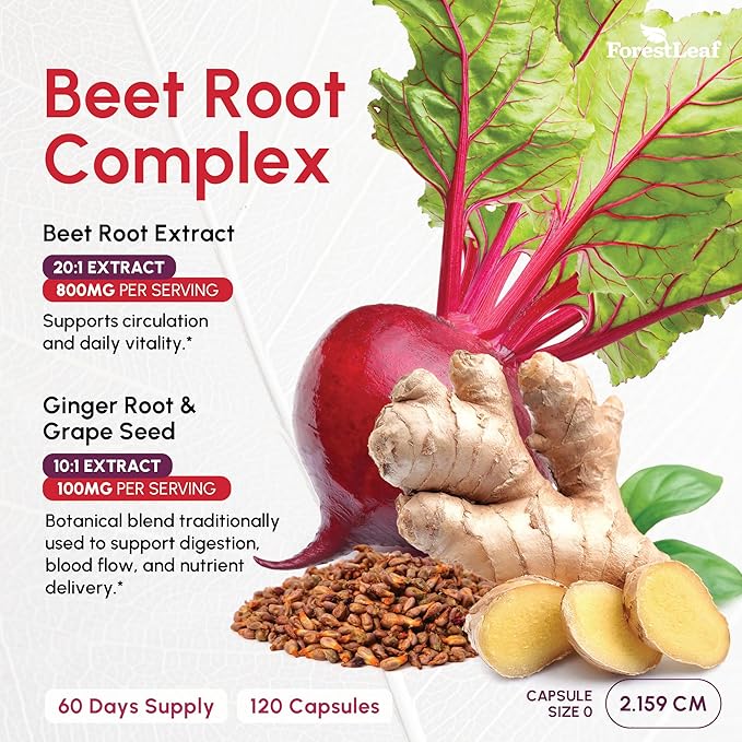 ForestLeaf Organic Beet Root Capsules - Beetroot Supplement 16000mg Strength 20:1 Extract Pills w/Ginger Grape Seed | Support Blood Pressure, Nitric Oxide, Flow, Circulation | Beets Powder - 120 Caps
