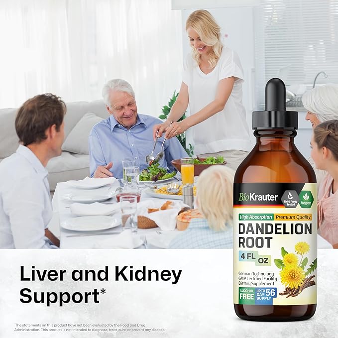BIO KRAUTER Dandelion Tincture - Pure Dandelion Root Supplement for Liver & Kidney Support - 4 Fl. Oz - 56 Days of Supply - Vegan Extract Liquid Drops Non-GMO, No Fillers, No Sugar & Non-Alcohol