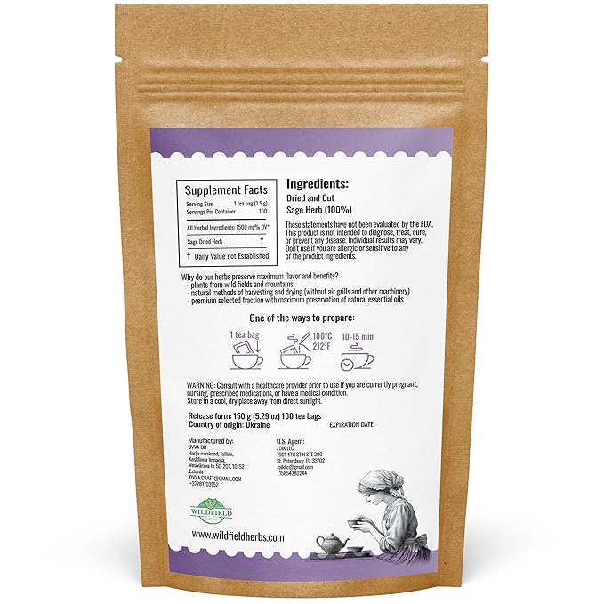 100 Bags Dried Sage Herb Herbs Tea (Salvia officinalis) - 100 count Tea Bags Sage Herbal Tea