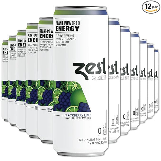 Zest Clean Energy Drink – Blackberry Lime – Zero Sugar, 0 Calories – 120mg Caffeine + 100mg L-Theanine for Focus, Energy & Concentration – Healthy Zero Sugar Energy Drink – 12oz Can, 12 Pack