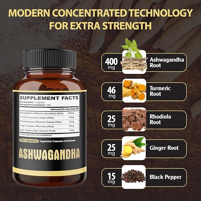 5in1 Premium Ashwagandha Capsules - Added Turmeric, Rhodiola Rosea, Ginger, Black Pepper - Strength, Spirit & Immune Support - 180 Caps for 6 Months
