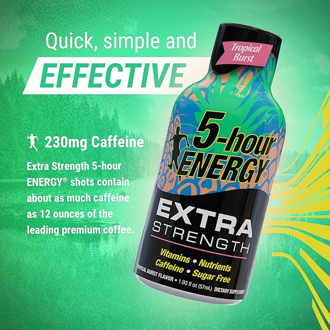 5-hour ENERGY Shots Extra Strength, Tropical Burst Flavor, 30 Count, 1.93 Fl Oz, Sugar Free, Zero Calories, Amino Acids and Essential B Vitamins, Dietary Supplement, Feel Alert and Energized, 230 mg Caffeine