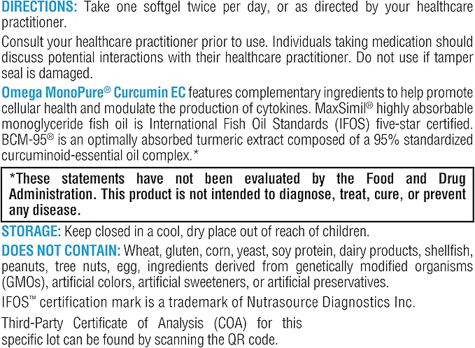 XYMOGEN Omega MonoPure Curcumin EC - Fish Oil with Enhanced DHA EPA Absorption + Turmeric Extract - Omega-3 Supplement for Cytokine Balance Support (30 Softgels)