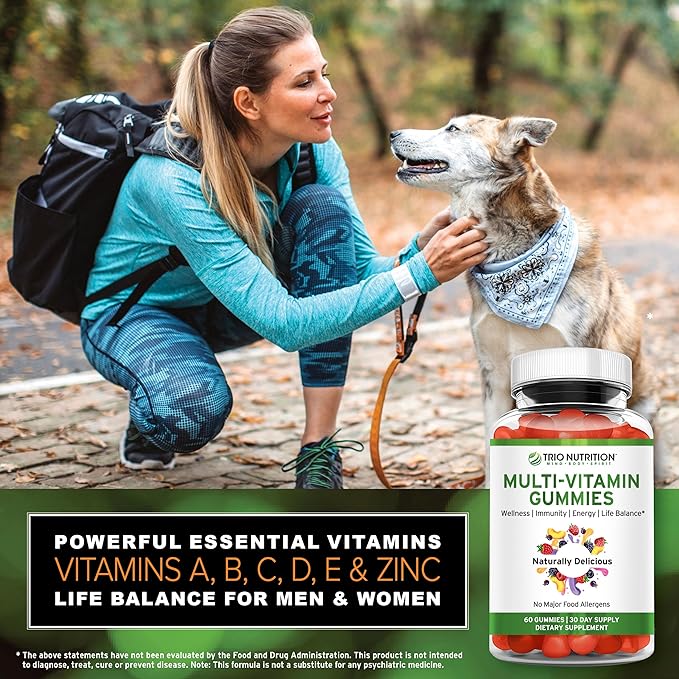 TRIO NUTRITION Daily Multivitamin Gummies for Men & Women - Natural Fruit Flavor with Essential Vitamins A, B, C, D, E & Zinc - No Major Allergens Immune Support & Energy Boost Supplement