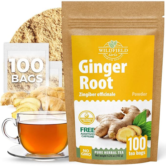100 Bags Ginger Tea Ginger Root Tea Dry Dried Herb (Zingiber Officinale) - 100 Count 1.5g Bags Raíz De Jengibre