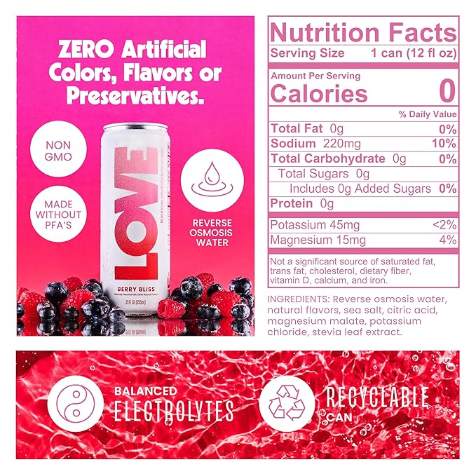 Be LOVE Balanced Electrolyte Beverage with Magnesium, Potassium & Sodium - Purified Still Beverage for Daily Hydration, Exercise, Work & Wellness- Zero Sugar, Gluten Free (Berry Bliss, 12oz x 12ct)