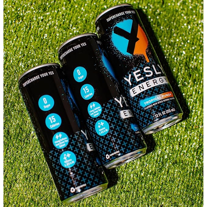 Yesly Energy Drink, Tropical Punch, Naturally Flavored Sparkling Energy Drink With Electrolytes, Magnesium, Potassium, Vitamin C, B6 & B12, Natural Caffeine From Green Tea, 12 Fl Oz Cans, 12 Pack