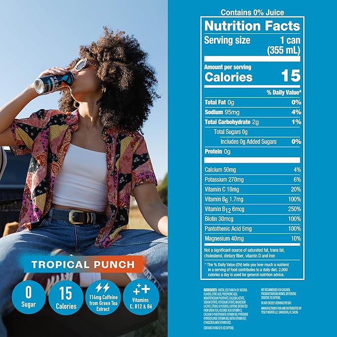 Yesly Energy Drink, Tropical Punch, Naturally Flavored Sparkling Energy Drink With Electrolytes, Magnesium, Potassium, Vitamin C, B6 & B12, Natural Caffeine From Green Tea, 12 Fl Oz Cans, 12 Pack