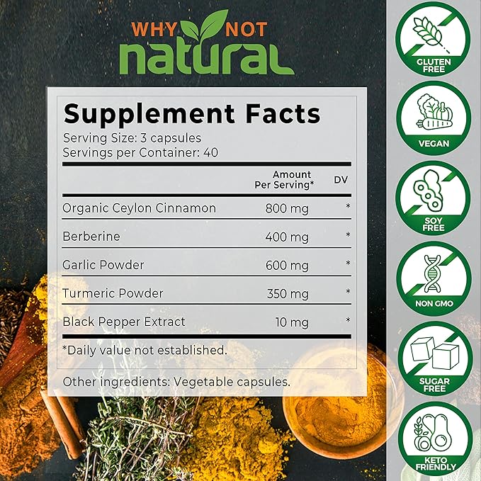 5-in-1 Organic Ceylon Cinnamon Capsules with Berberine, Garlic, Turmeric, Black Pepper Extract Pills