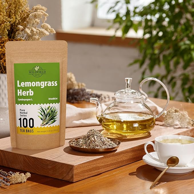 100 Bags Dried Lemongrass Tea Lemon Grass Leaf Herbal Tea Zacate De Limon (Cymbopogon) - 100 Count 1.5g Bags Lemongrass Chai Herb Limoncillo (Hierba Limon)