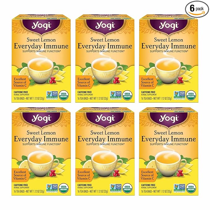 Yogi Tea Sweet Lemon Everyday Immune Tea - 16 Tea Bags per Pack (6 Packs) - Daily Immune Support Tea - Delicious Lemon Tea Bags - Includes Tulsi, Lemongrass, Rose Hip, Lemon Peel & More