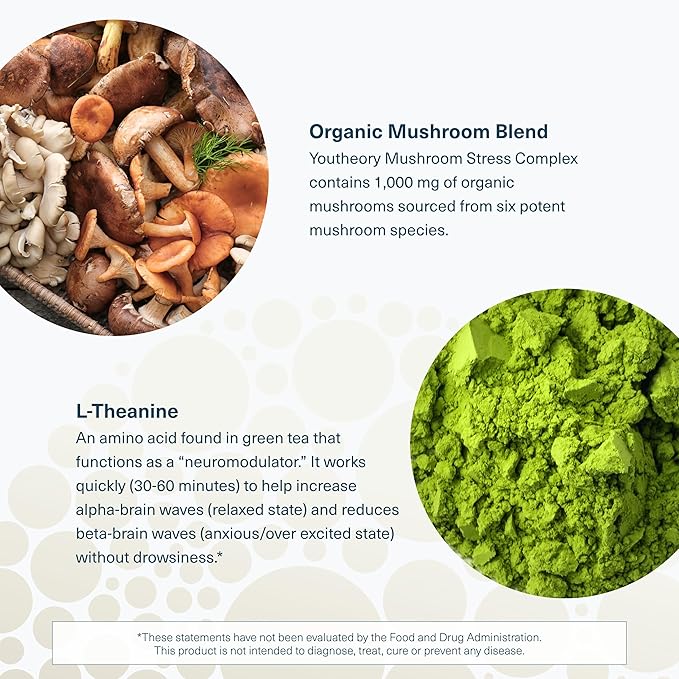 Youtheory Mushroom Stress Complex, Organic Full-Spectrum Mushrrom with L-Theanine, Help Reduce Stress and Promotes Mental Calmness, 60 Vegetarian Capsules