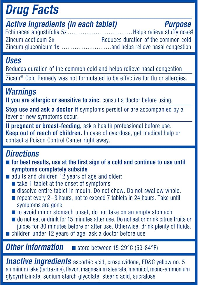 Zicam Zinc Cold Remedy RapidMelts Quick-Dissolve Tablets Lemon-Lime Flavor with Echinacea 25ct