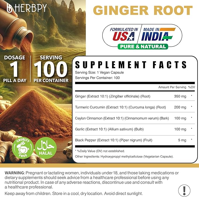 5in1 Ginger and Turmeric Supplements with Ceylon Cinnamon, Garlic - Digestion, Immune, Brain & Heart Health Support - 100 Vegan Capsules