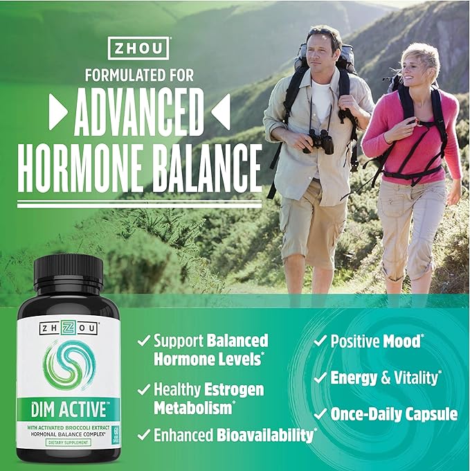 Zhou DIM Active - DIM Supplement, Hormone Balance for Women & Men, Hormonal Support with 250mg Diindolylmethane - 60 Vegan Capsules