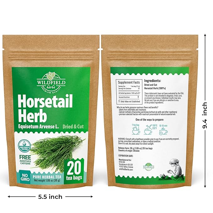 20 Bags Dried Horsetail Herb Tea Shavegrass Cola De Caballo Hierba (Equisetum Arvense) - 20 Count 1.5 g Tea Bags Horsetail Leaf Leaves Herb
