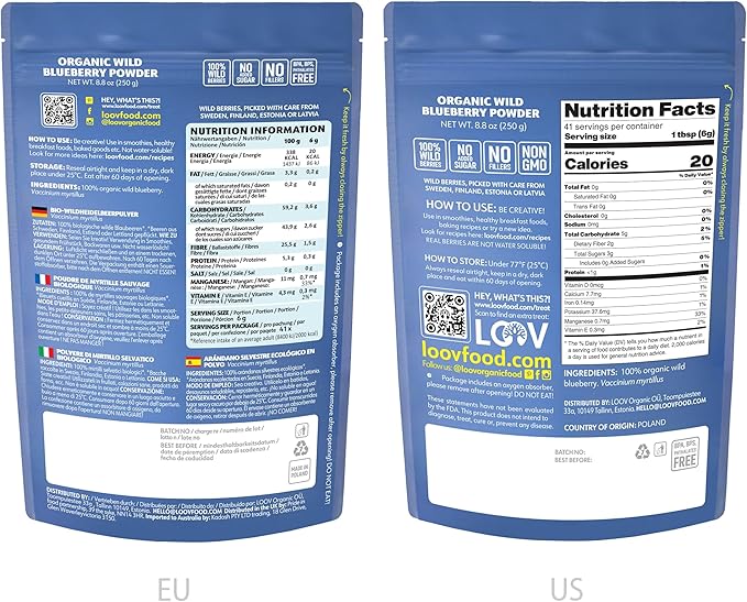 LOOV Organic Wild Blueberry Powder - 41-Day Supply, 8.8 Oz, Good for Smoothie & Breakfast, Freeze-Dried, from Northern Europe, No Added Sugar