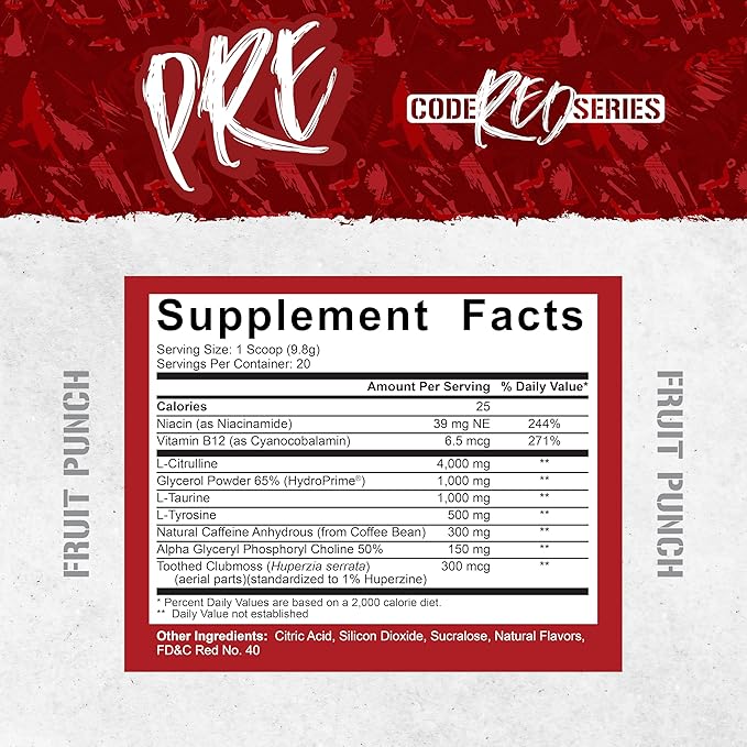 5% Nutrition Code Red Series Pre Workout Powder for Men & Women | Energy, Pump, Power, Protein Synthesis & Focus | 300mg Caffeine, L-Citrulline, Glycerol, Taurine, Alpha GPC, Huperzine (Fruit Punch)