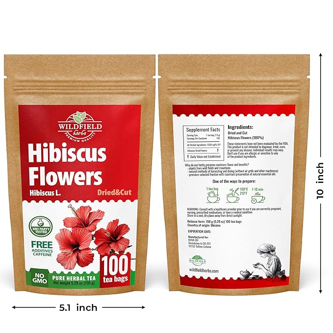 100 Bags Dried Hibiscus Flower Tea Herbal Flor De Jamaica (Hibiscus) - 100 Count 1.5g Tea Bags Dried Flowers Herb Hibisko