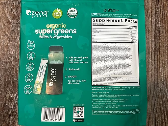 Zena Nutrition Organic Super Greens Powder, 70+ Superfoods, 0 Sugar, 3g Fiber, Spirulina, Chlorella, Mushrooms, Prebiotics/Probiotics, Digestive Enzymes, Gut Health, Green Apple, 30 Drink Mix Packets