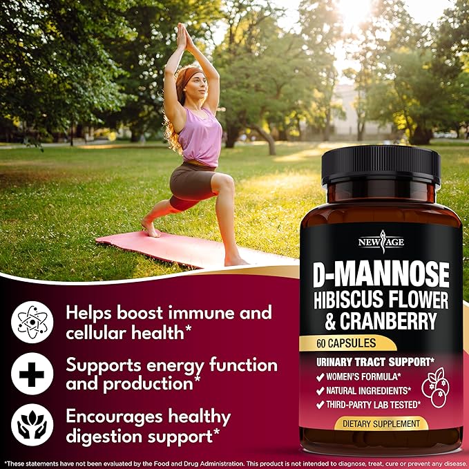 NEW AGE D-Mannose with Cranberry & Hibiscus - High Strength for Urinary Tract Health - Supplement for Women - Bladder, Liver & Microflora Support - Made in USA - Vegan, 180 Capsules