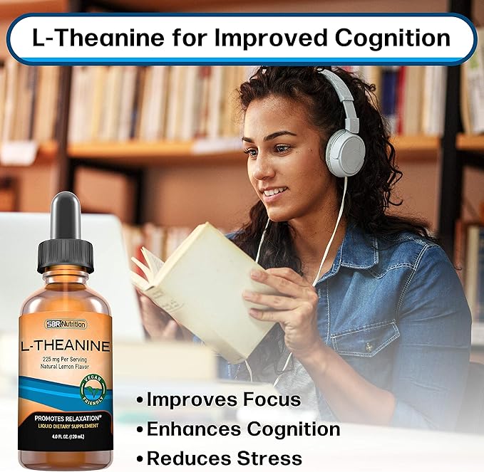 SBR Nutrition Liquid L-Theanine Drops | All Natural, Vegan, Alcohol Free, Non-GMO | for Sleep Aid, Calm, Relaxation, Focus Without Drowsiness | Synergistic with Coffee or Caffeine