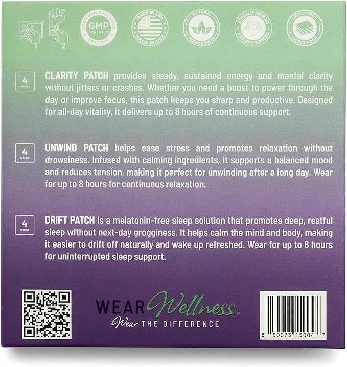 All Day Trio - Unwind, Drift & Clarity Film Patches - Topical Patches for Calm, Focus & Sleep Support - Long-Lasting Effect – 12 Pack