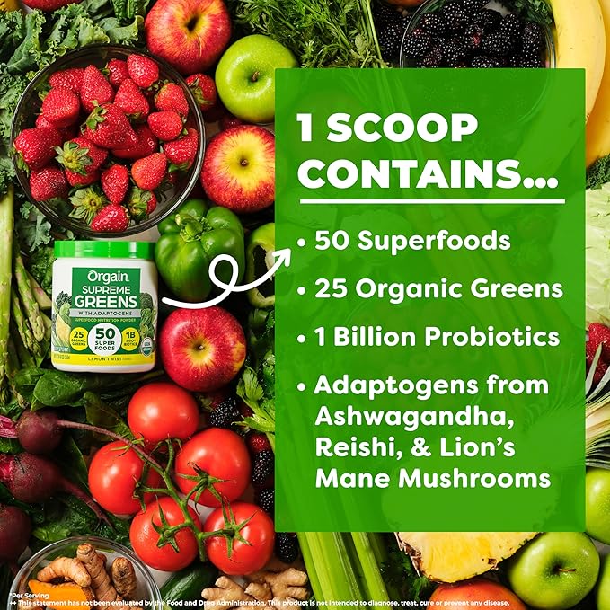 Orgain Supreme Greens Powder with 25 Organic Greens, 50 Superfoods, 1 Billion Probiotics, and Adaptogens, Vegan Greens for Gut Health and Immune Support, 1.5 Servings of Fruit and Veggies, Lemon Twist