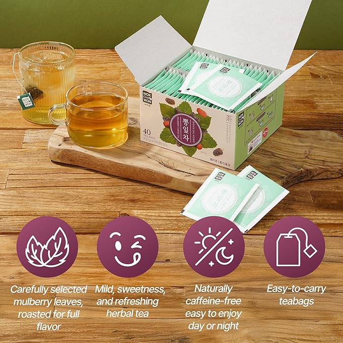 [Nokchawon] Mulberry Leaf Teabags – Naturally Caffeine-Free Mulberry Herbal Tea, 40 Tea Bags, 48g (1.69oz)