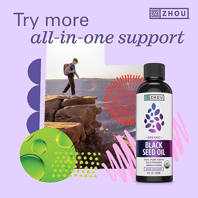 Zhou Black Seed Oil Capsules - Black Cumin Seed Oil Cold Pressed, Nigella Sativa, Pure Unrefined Blackseed, Premium Supplement for Health, Hair & Skin w/ Thymoquinone - 60 Capsules (Pack of 1)