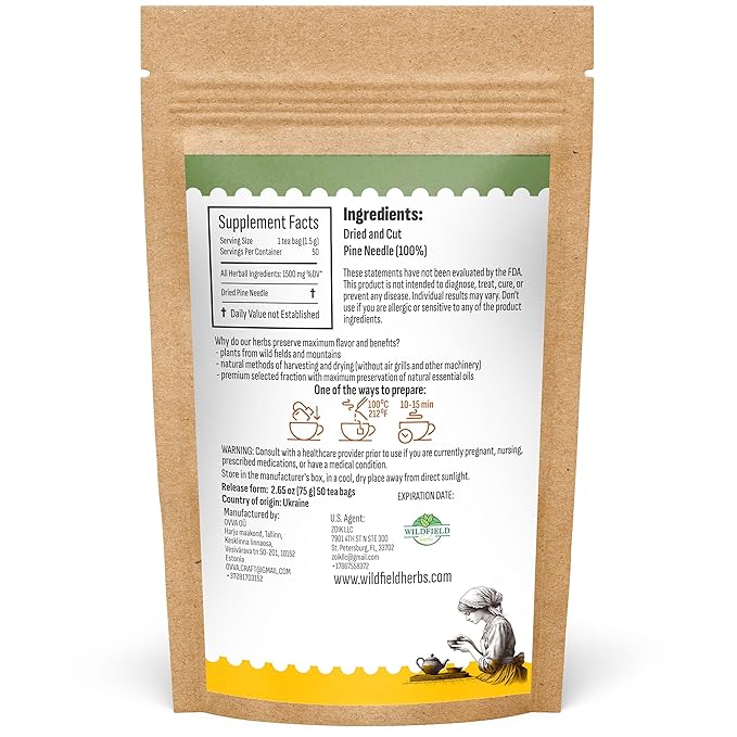 50 Bags Pine Needle Tea Dried Pine Needles Herb Tea (Pinus Koraiensis) - 50 Count 1.5g Bags Dried Needle Leaf Aguja De Pino