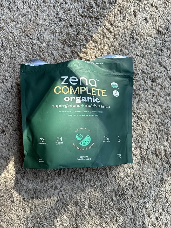Zena Complete Organic Super Greens Powder & Multivitamin, 90+ Supergreens, Fruits, Veggies, Pre & Probiotics, Watermelon Citrus Flavor, 30 Packets + Water Bottle