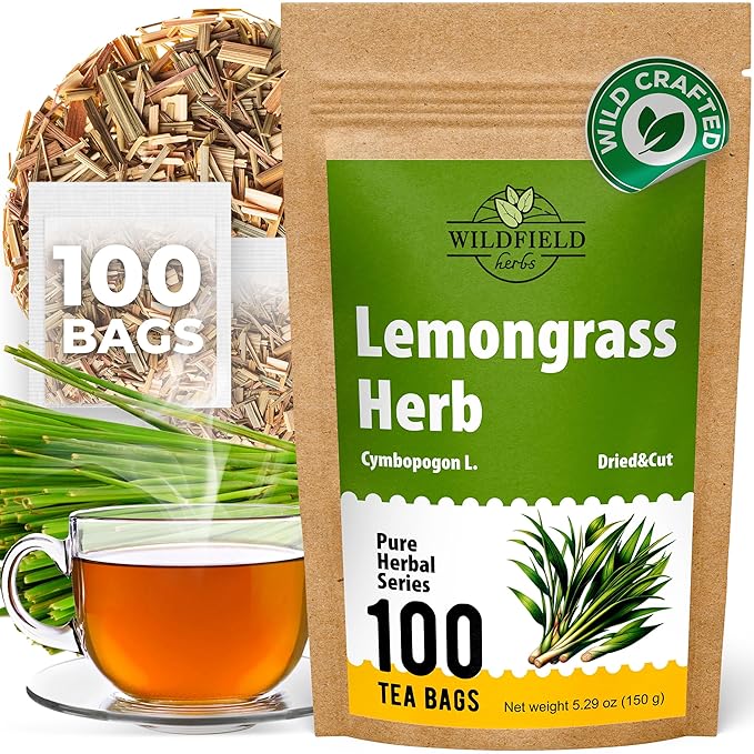 100 Bags Dried Lemongrass Tea Lemon Grass Leaf Herbal Tea Zacate De Limon (Cymbopogon) - 100 Count 1.5g Bags Lemongrass Chai Herb Limoncillo (Hierba Limon)