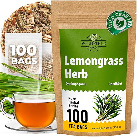 100 Bags Dried Lemongrass Tea Lemon Grass Leaf Herbal Tea Zacate De Limon (Cymbopogon) - 100 Count 1.5g Bags Lemongrass Chai Herb Limoncillo (Hierba Limon)