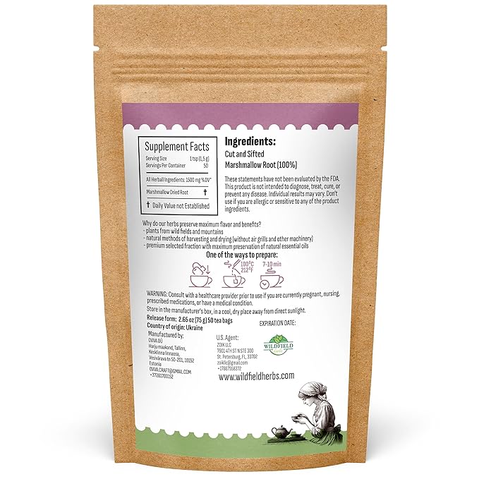 50 Bags Dried Marshmallow Root Tea Marshmallow Root Herb Herbal Tea (Althaea Officinalis) - 50 Count Bags Cut Sifted Herb Raíz De Malvavisco