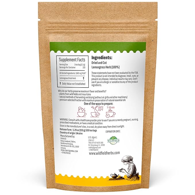 100 Bags Dried Lemongrass Tea Lemon Grass Leaf Herbal Tea Zacate De Limon (Cymbopogon) - 100 Count 1.5g Bags Lemongrass Chai Herb Limoncillo (Hierba Limon)