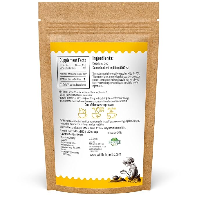 100 Bags Dandelion Root Tea Dandelion Tea Herbal (Taraxacum Officinale) - 100 Count 1.5g Bags Dried Herb Raíz De Diente De León
