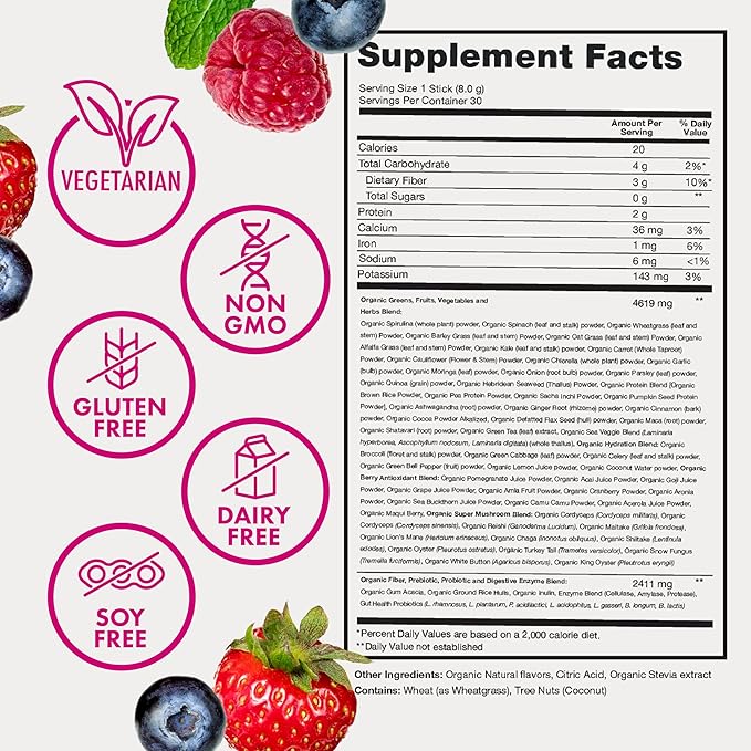 Zena Nutrition Organic Super Greens Powder, 70+ Superfoods, 0 Sugar, 3g Fiber, Spirulina, Chlorella, Mushrooms, Prebiotics/Probiotics, Digestive Enzymes, Gut Health, Mixed Berry, 30 Drink Mix Packets